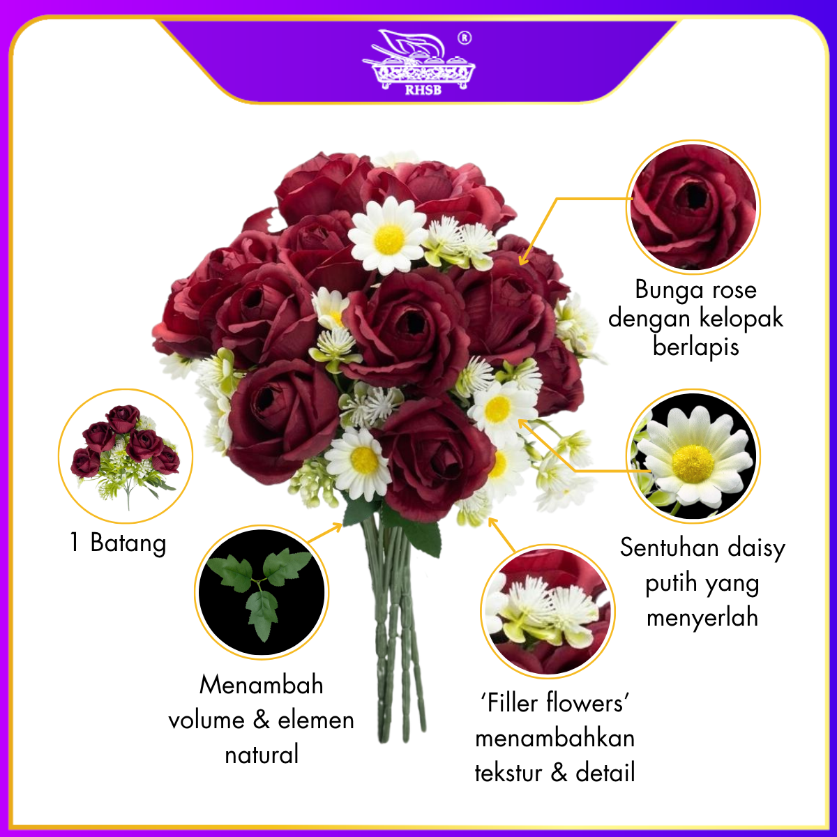Artificial Rose Daisy 30cm | Bunga Rose Mawar AF10081