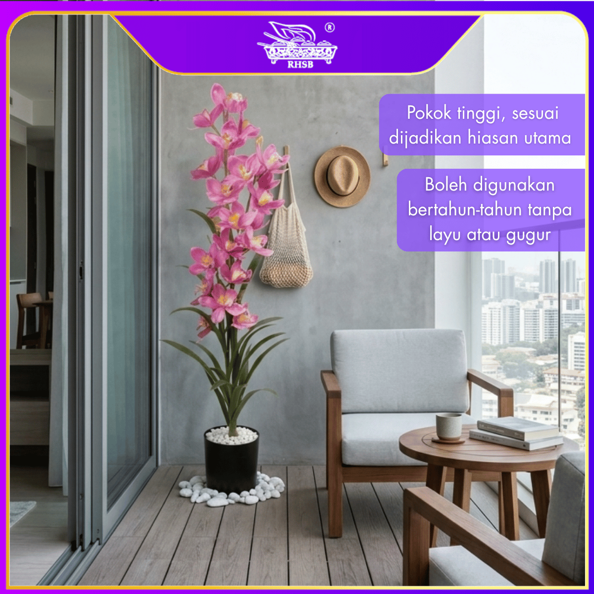 [1 PC] Artificial Orchid Plant 120cm | Pokok Orkid | Bunga Orkid Hiasan Rumah | Pokok Hiasan