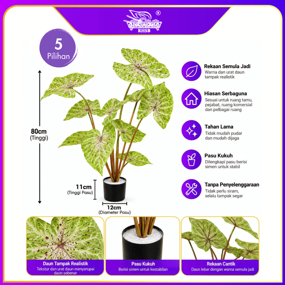 [1PC] 80CM Artificial Caladium Plant with Pot/Pokok Keladi Tiruan/Pokok Hiasan Rumah/Premium Artificial Plant Decoration PLANT4563-4567