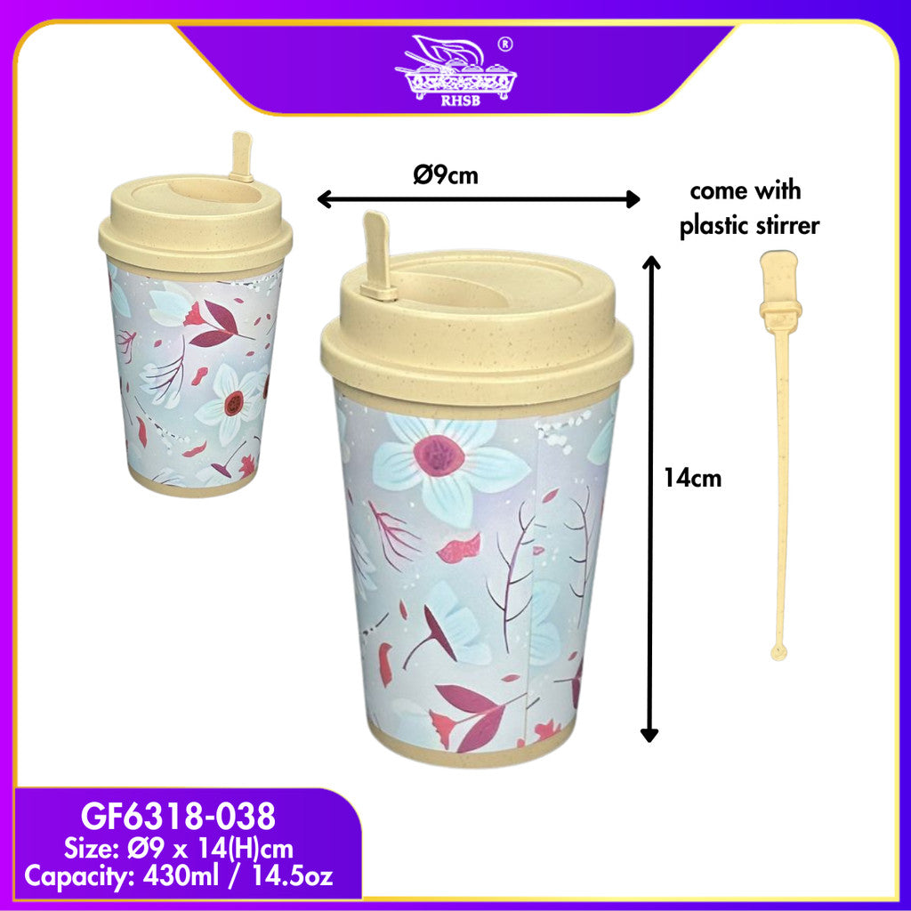 [10 SET] 3D PRINT WHEAT STRAW COFFEE CUP WITH LID/ 430ML CAWAN PLASTIK TEBAL/ TRAVEL CUP/CAWAN KOPI TUMBLER COFFEE GF6318-GF6391