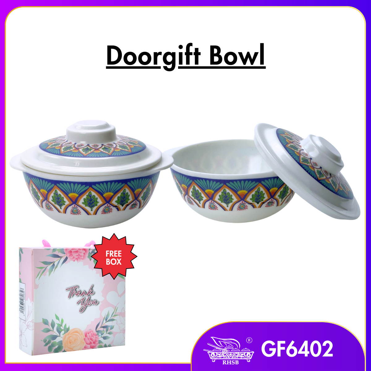 [10 SET] Doorgift Kahwin Popular | Mangkuk Bertudung Melamin  4” + Free Box | Cenderahati Tetamu Kenduri GF6402