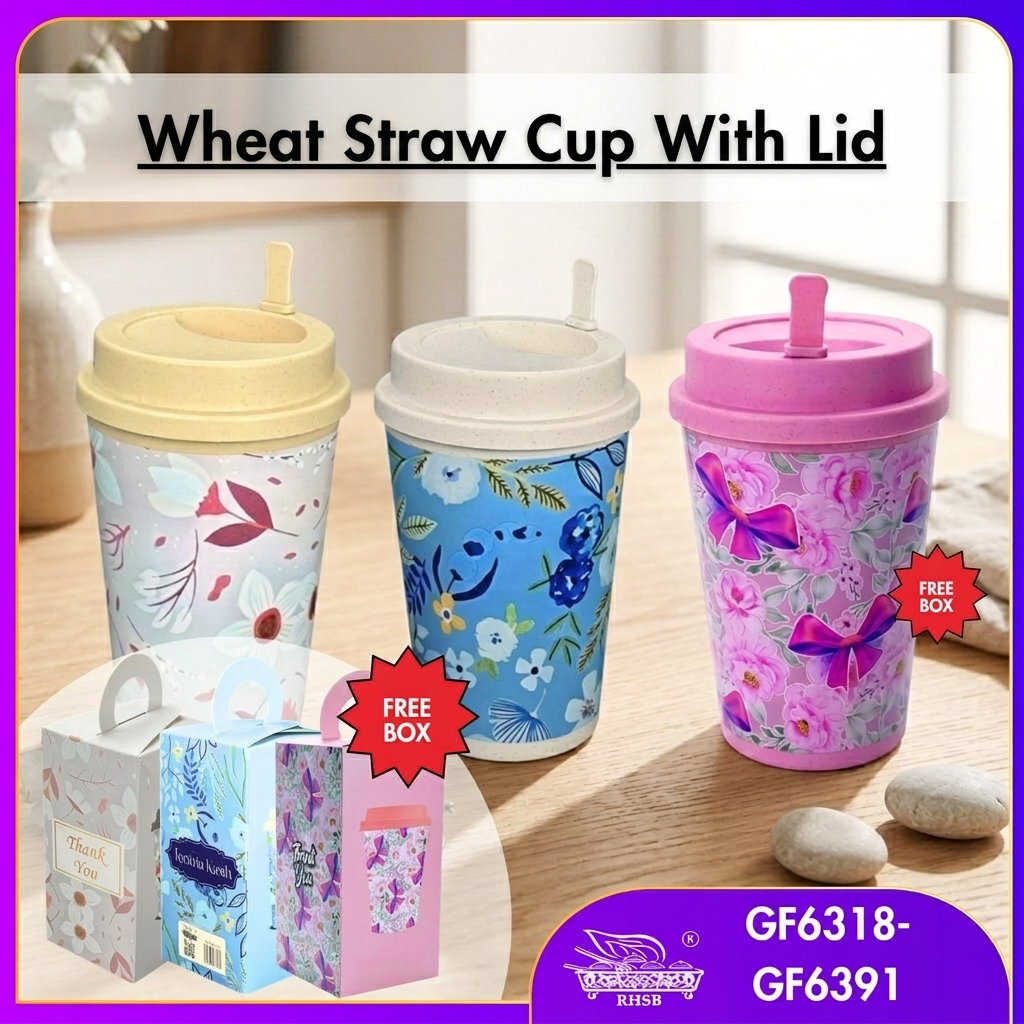 [10 SET] 3D PRINT WHEAT STRAW COFFEE CUP WITH LID/ 430ML CAWAN PLASTIK TEBAL/ TRAVEL CUP/CAWAN KOPI TUMBLER COFFEE GF6318-GF6391