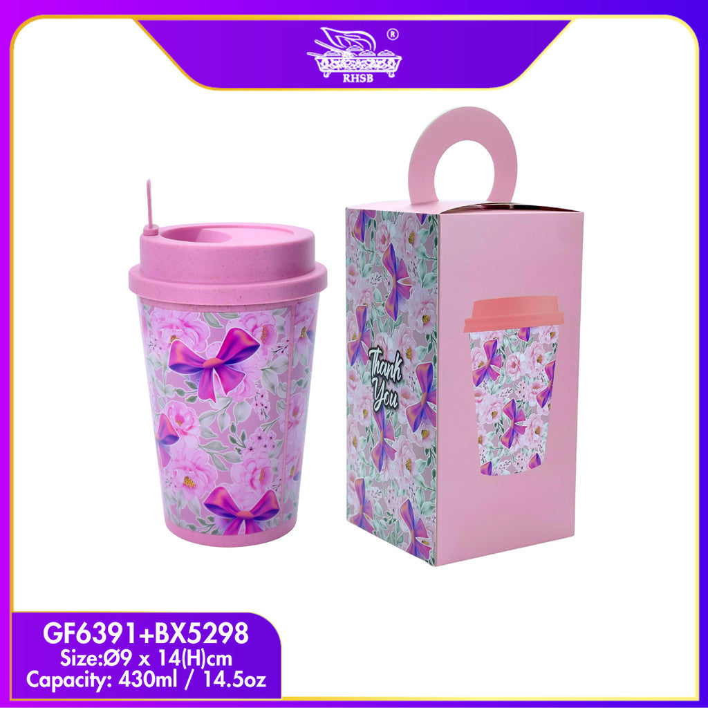 [10 SET] 3D PRINT WHEAT STRAW COFFEE CUP WITH LID/ 430ML CAWAN PLASTIK TEBAL/ TRAVEL CUP/CAWAN KOPI TUMBLER COFFEE GF6318-GF6391