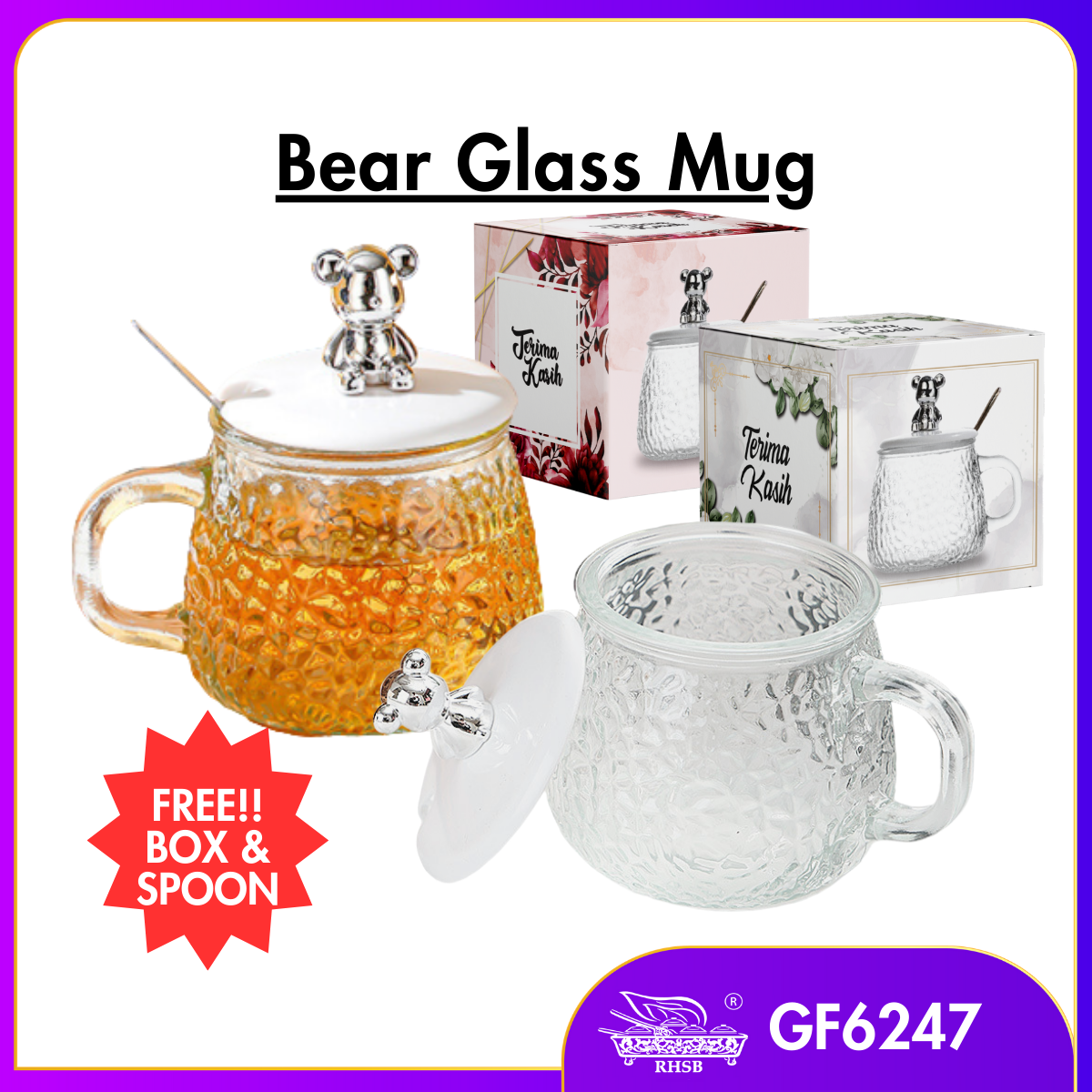 [1 PC] CUTE INS STYLE BEAR GLASS MUG/ BEAR MUG WITH LID/ COFFEE TEA MUG/ DOORGIFT KACA/ HADIAH KAHWIN CAWAN COMEL/ GF6247