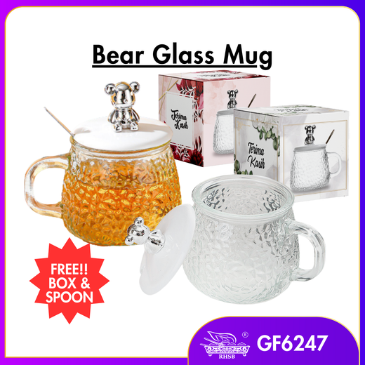 [1 PC] CUTE INS STYLE BEAR GLASS MUG/ BEAR MUG WITH LID/ COFFEE TEA MUG/ DOORGIFT KACA/ HADIAH KAHWIN CAWAN COMEL/ GF6247