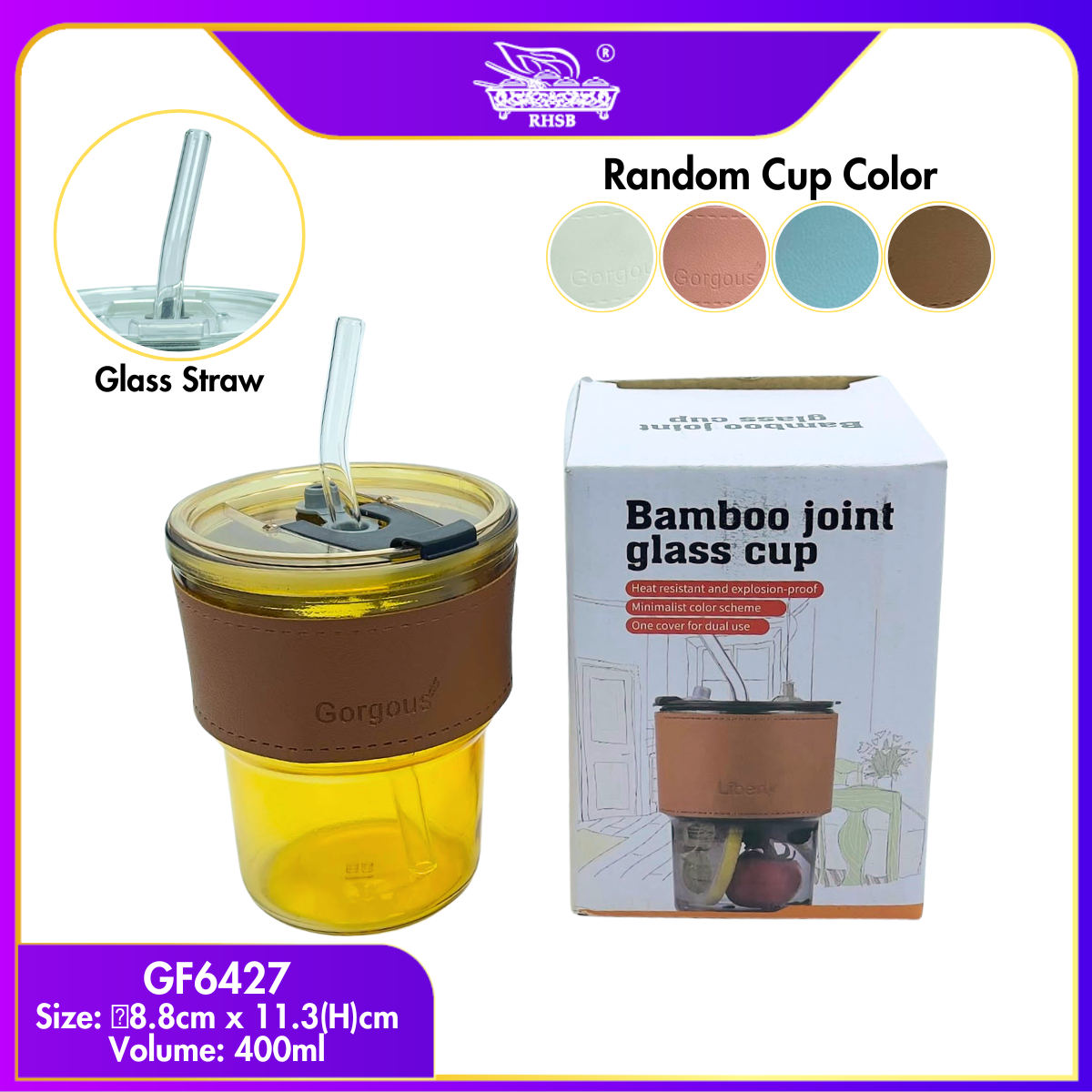 [1 PC] GLASS CUP WITH LID/ TRAVEL MUG/ HEAT COLD RESISTANCE ICED WATER BOTTLE/ MUG KACA/ DOORGIFT KACA/ CAWAN KOPI COMEL GF6234