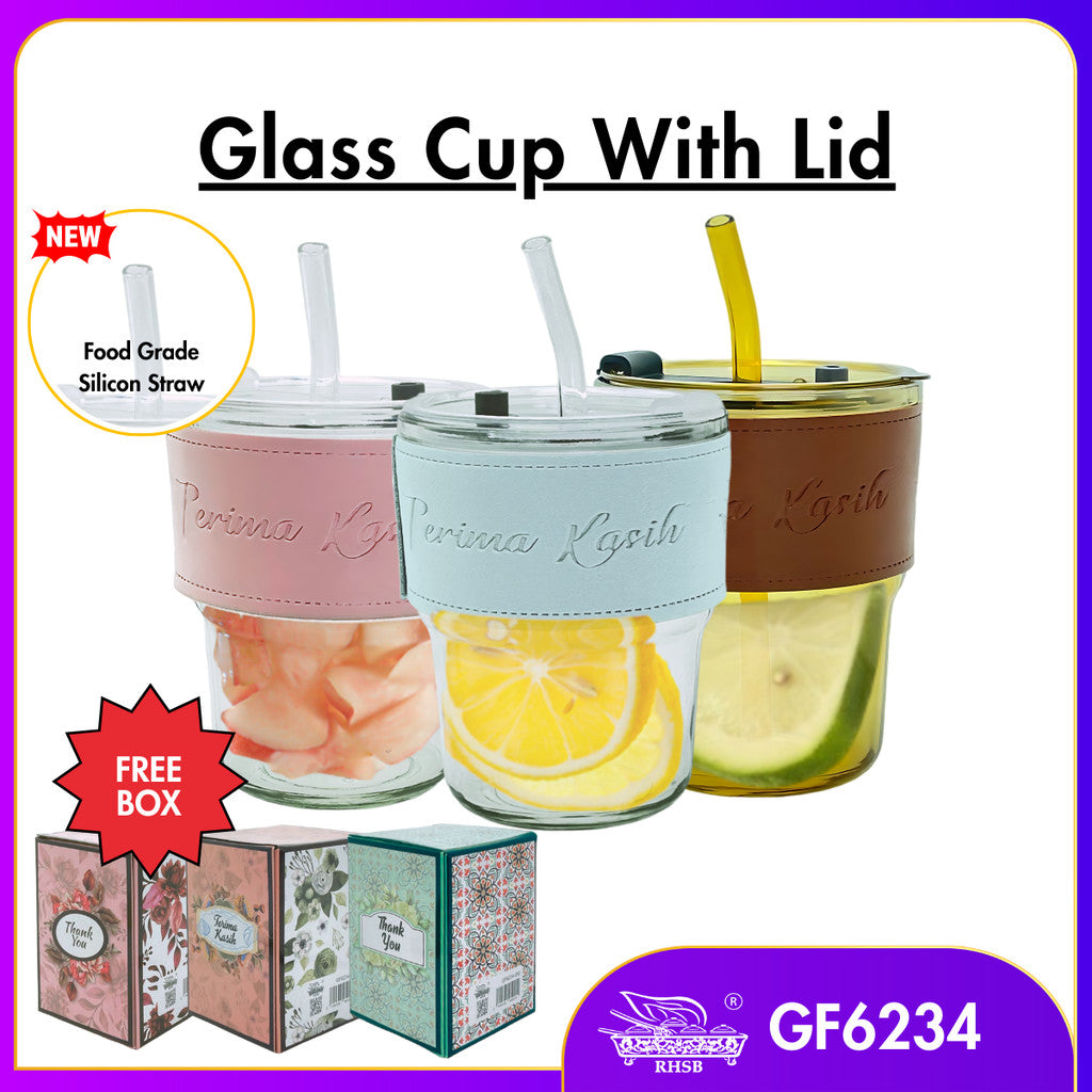 [1 PC] GLASS CUP WITH LID/ TRAVEL MUG/ HEAT COLD RESISTANCE ICED WATER BOTTLE/ MUG KACA/ DOORGIFT KACA/ CAWAN KOPI COMEL GF6234