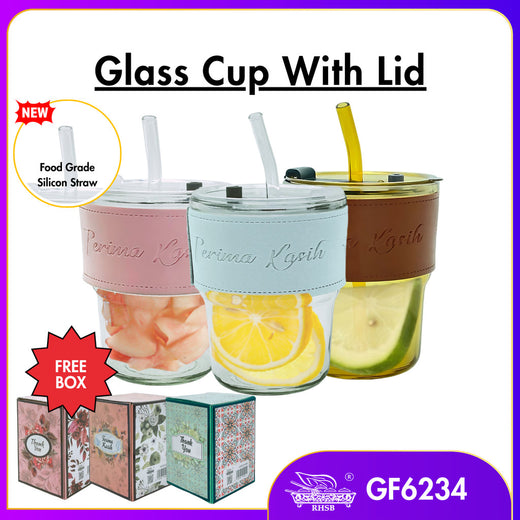 [1 PC] GLASS CUP WITH LID/ TRAVEL MUG/ HEAT COLD RESISTANCE ICED WATER BOTTLE/ MUG KACA/ DOORGIFT KACA/ CAWAN KOPI COMEL GF6234