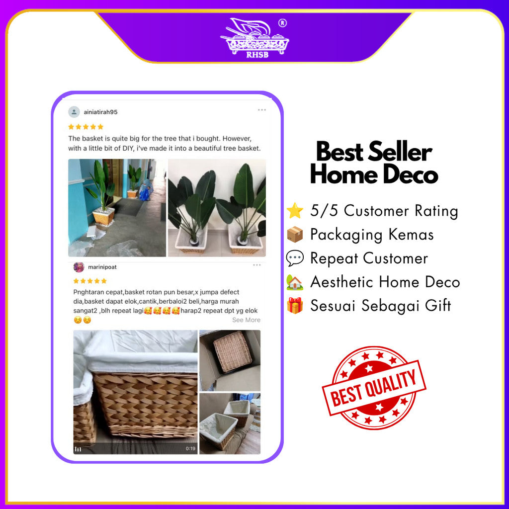 [1 PC] Pasu Rotan Hiasan 50CM & 74CM / Bakul Pasu Bunga dengan Stand Kayu / Sesuai untuk Ruang Tamu & Taman BL6589