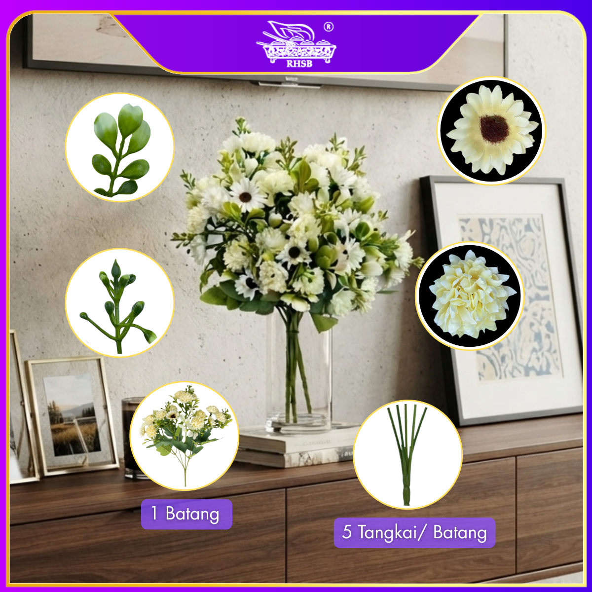 [1 PC] 5 HEADS ARTIFICIAL DAISY / SILK CLOTH POPPY / ARTIFICIAL DAISY / DAISY BOUQUET / FLOWER DECOR / BUNGA HIASAN / AF1972