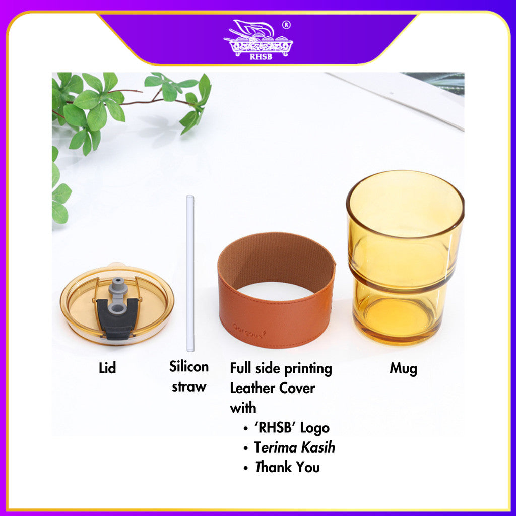 [1 PC] GLASS CUP WITH LID/ TRAVEL MUG/ HEAT COLD RESISTANCE ICED WATER BOTTLE/ MUG KACA/ DOORGIFT KACA/ CAWAN KOPI COMEL GF6234