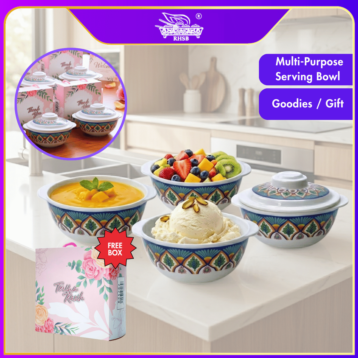 [10 SET] Doorgift Kahwin Popular | Mangkuk Bertudung Melamin  4” + Free Box | Cenderahati Tetamu Kenduri GF6402