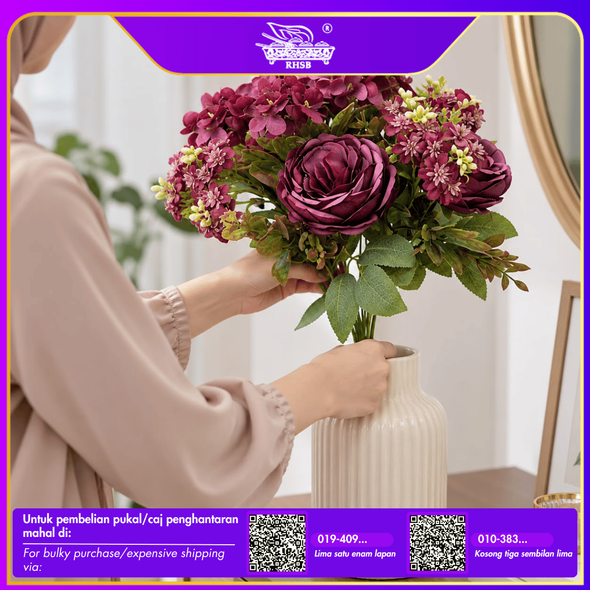 [1PC] Artificial Rose Flower 5 Heads | Bunga Ros Tiruan | Wedding Home Decor Fake Flower AF1968