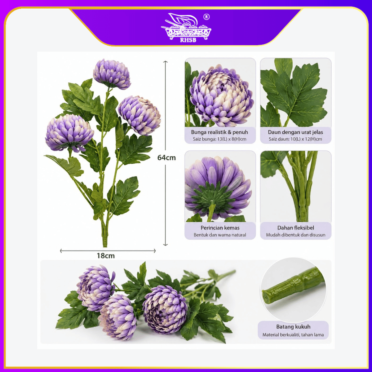 [1 PC] 64CM Artificial Chrysanthemum Flower Stem / Bunga Hiasan Kekwa / Tall Fake Flower for Home Wedding Decoration AF1947