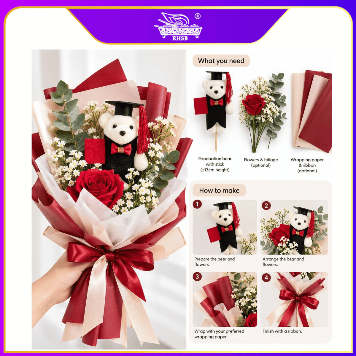 [1PC]CONVO BEAR /TEDDY BEAR /VALENTINE BEAR /FLOWER BOUQUET /PATUNG LOVE /HADIAH / CONVOCATION BEAR / PATUNG KONVO TOY-B150