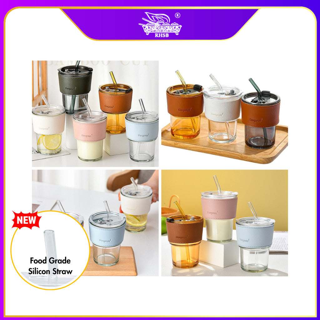[1 PC] GLASS CUP WITH LID/ TRAVEL MUG/ HEAT COLD RESISTANCE ICED WATER BOTTLE/ MUG KACA/ DOORGIFT KACA/ CAWAN KOPI COMEL GF6234