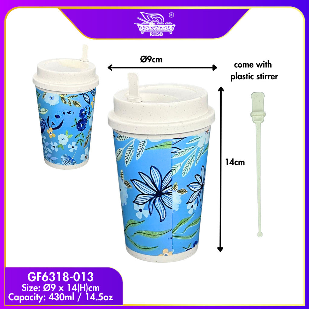 [10 SET] 3D PRINT WHEAT STRAW COFFEE CUP WITH LID/ 430ML CAWAN PLASTIK TEBAL/ TRAVEL CUP/CAWAN KOPI TUMBLER COFFEE GF6318-GF6391