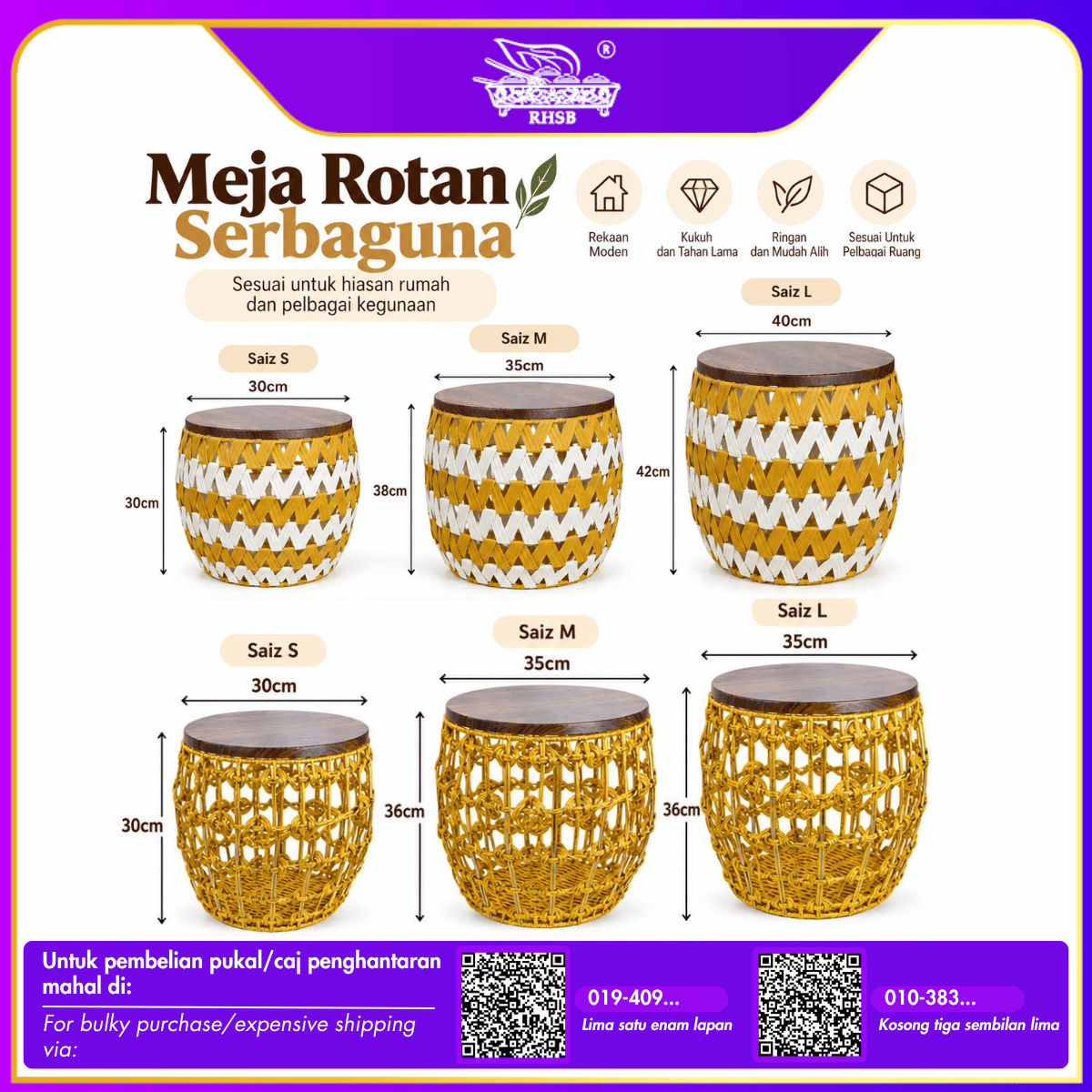 [1 PC] Meja Kopi Rotan / Rattan Coffee Table / Round Side Table dengan Storage / Hiasan Rumah Moden