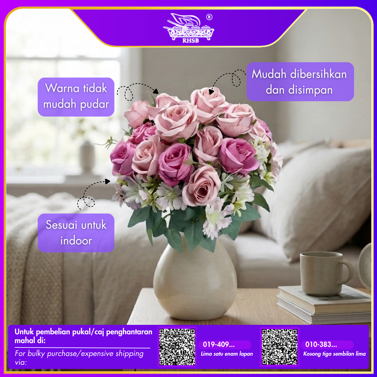 [1 PC] Artificial Peony Rose Bush 40cm | Bunga Hiasan Peony Ros AF10006