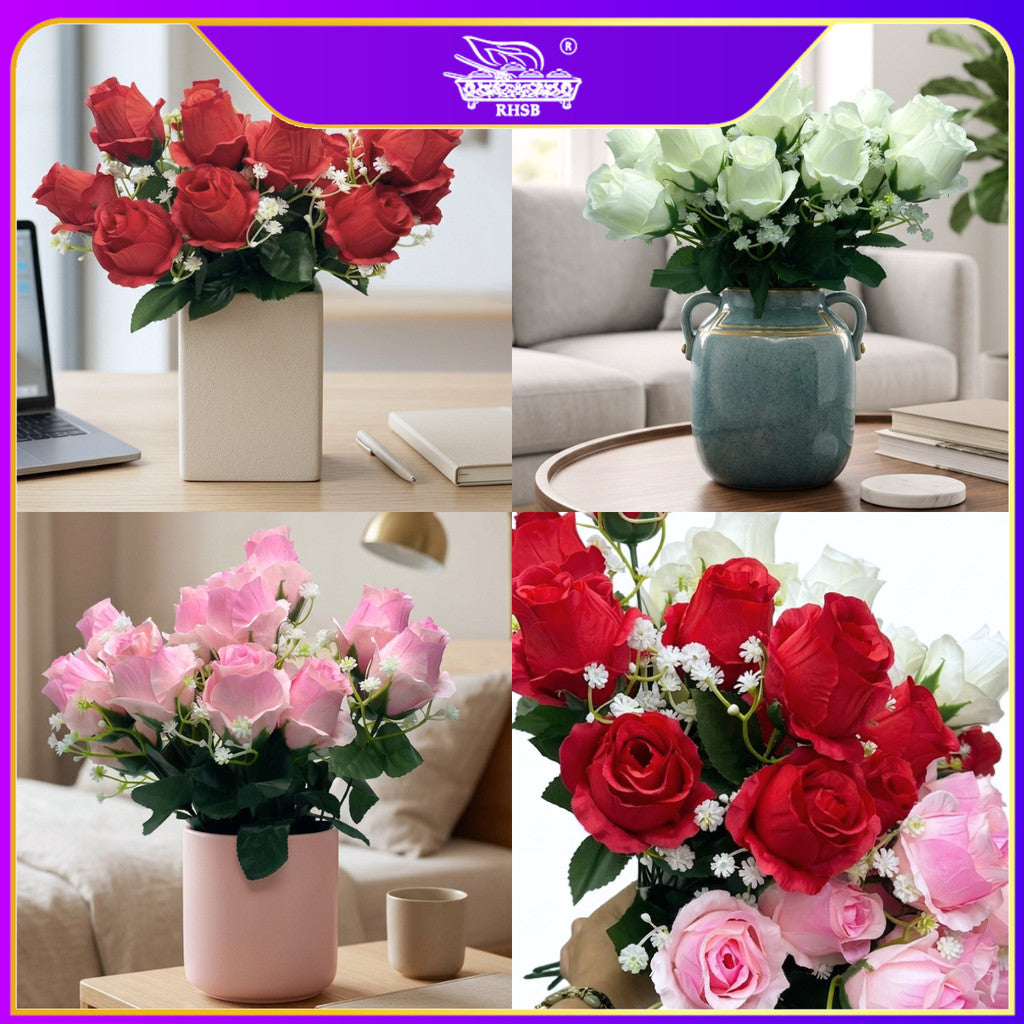 [1PC] Rosebud Artificial Flower | Bunga Ros | 5 Heads | Silk Flower Bouquet | Party | Wedding | Home Decoration AF10036