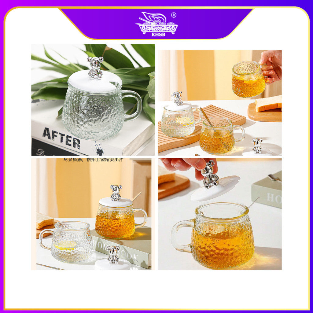 [1 PC] CUTE INS STYLE BEAR GLASS MUG/ BEAR MUG WITH LID/ COFFEE TEA MUG/ DOORGIFT KACA/ HADIAH KAHWIN CAWAN COMEL/ GF6247