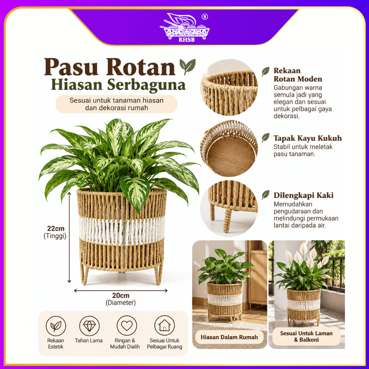 [1 PC] Eco-Friendly Rattan Woven Planter Basket /Pasu Pokok / Flower Pot / Pasu Pokok Hiasan BL6592