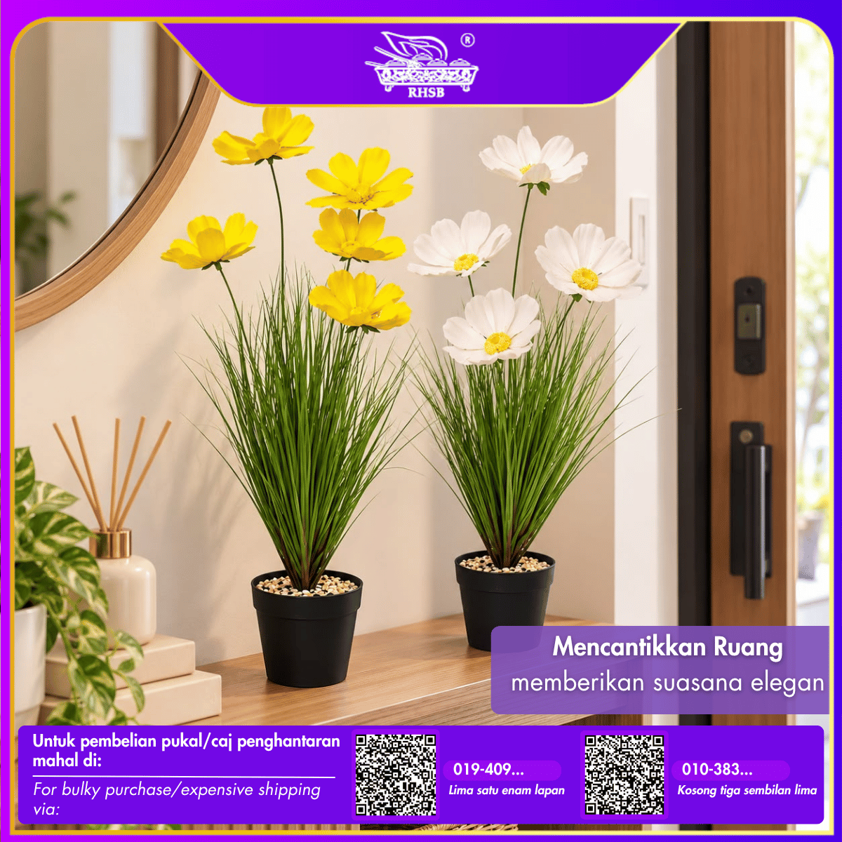 [1PC] 82cm Artificial Poppy & Faux Grass Plants with Pot | Pokok Hiasan Bunga Kosmos | Home, Office & Wedding Decoration PLANT1957