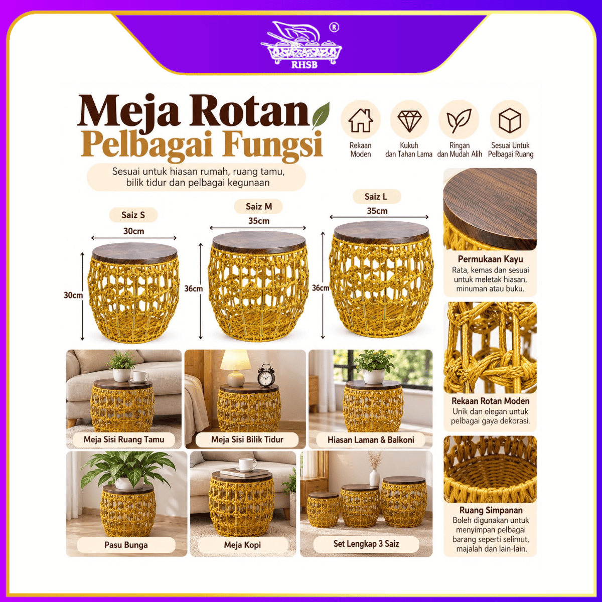 [1 PC] Meja Kopi Rotan / Rattan Coffee Table / Round Side Table dengan Storage / Hiasan Rumah Moden