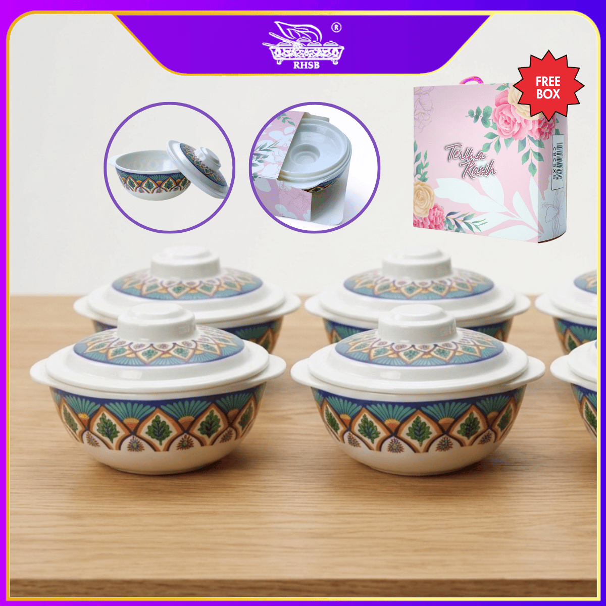 [10 SET] Doorgift Kahwin Popular | Mangkuk Bertudung Melamin  4” + Free Box | Cenderahati Tetamu Kenduri GF6402