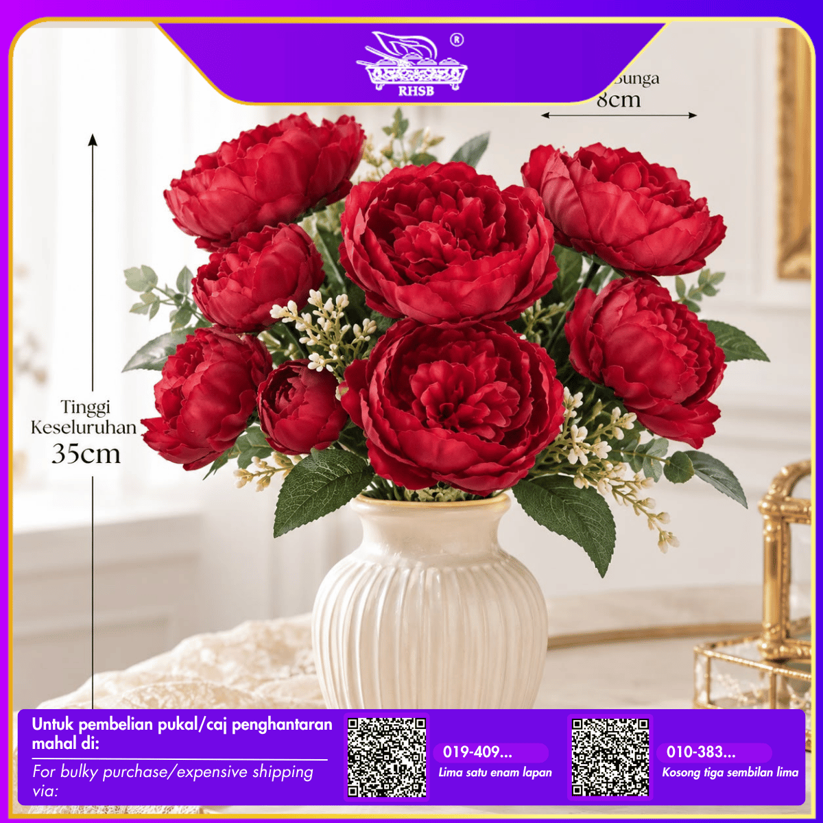 [1PC] Artificial Peony Bouquet 5 Heads | Bunga Peony Tiruan Jumbo | Home, Office & Wedding Floral Decor AF10035