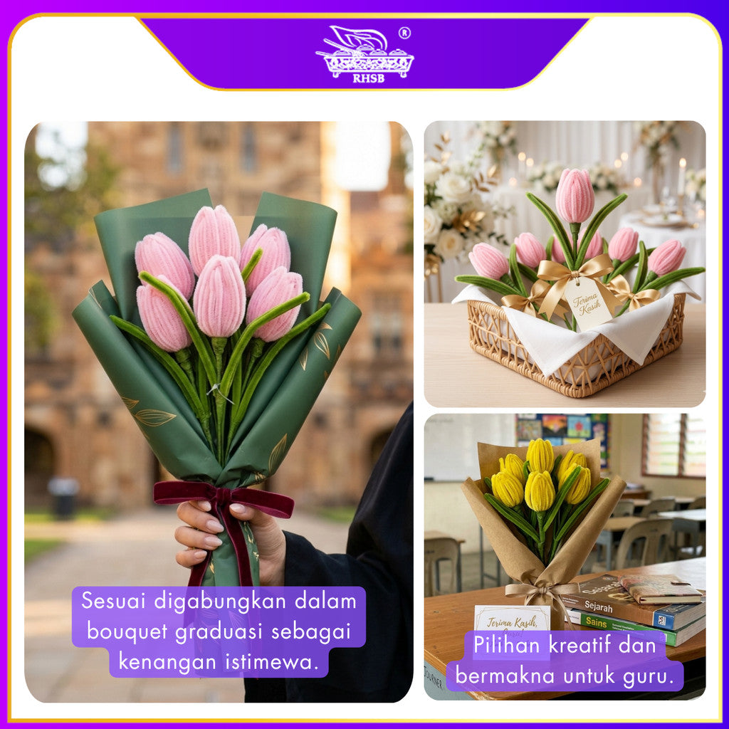 [1 PC] Bunga Tulip Kawat Bulu Handmade 33CM | Chenille Stem Pipe Cleaner Bouquet Hadiah Aesthetic AF10015