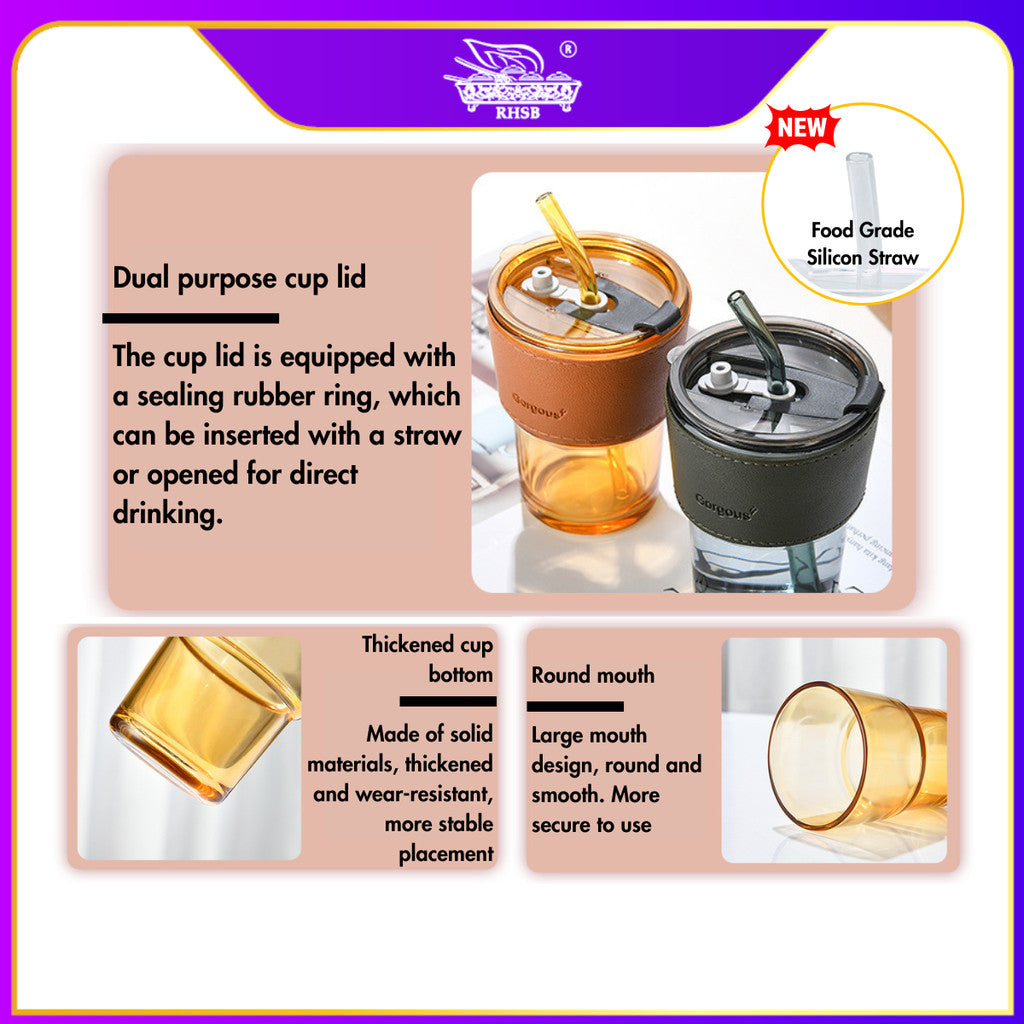 [1 PC] GLASS CUP WITH LID/ TRAVEL MUG/ HEAT COLD RESISTANCE ICED WATER BOTTLE/ MUG KACA/ DOORGIFT KACA/ CAWAN KOPI COMEL GF6234