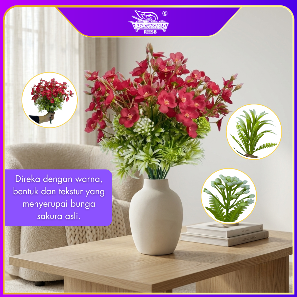 [1PC] 5 HEADS MERCURY FLOWER / ARTIFICIAL FLOWER / BUNGA HIASAN / WEDDING DECORATION / PERIWINKLE FLOWER / AF10044