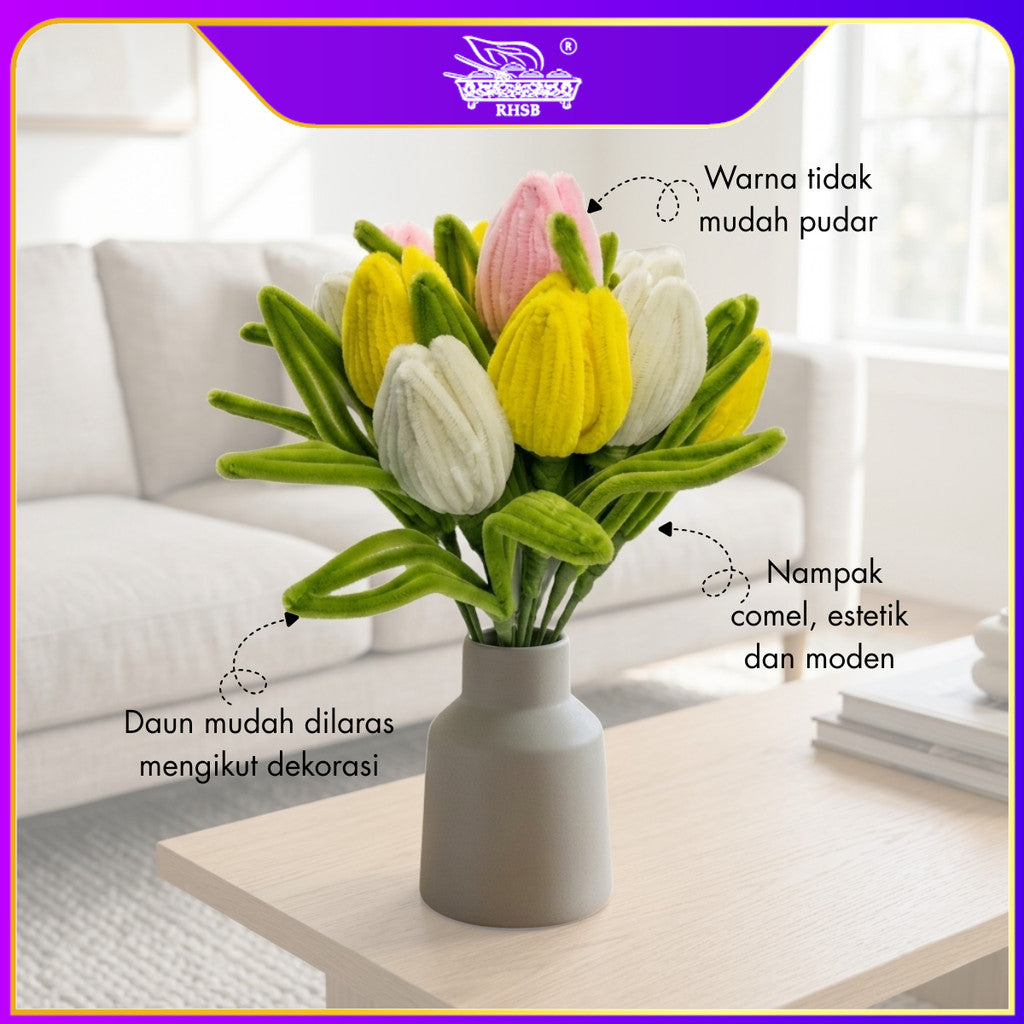 [1 PC] Bunga Tulip Kawat Bulu Handmade 33CM | Chenille Stem Pipe Cleaner Bouquet Hadiah Aesthetic AF10015