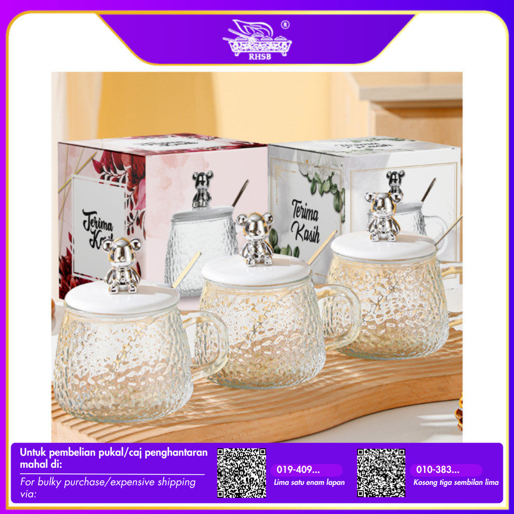 [1 PC] CUTE INS STYLE BEAR GLASS MUG/ BEAR MUG WITH LID/ COFFEE TEA MUG/ DOORGIFT KACA/ HADIAH KAHWIN CAWAN COMEL/ GF6247