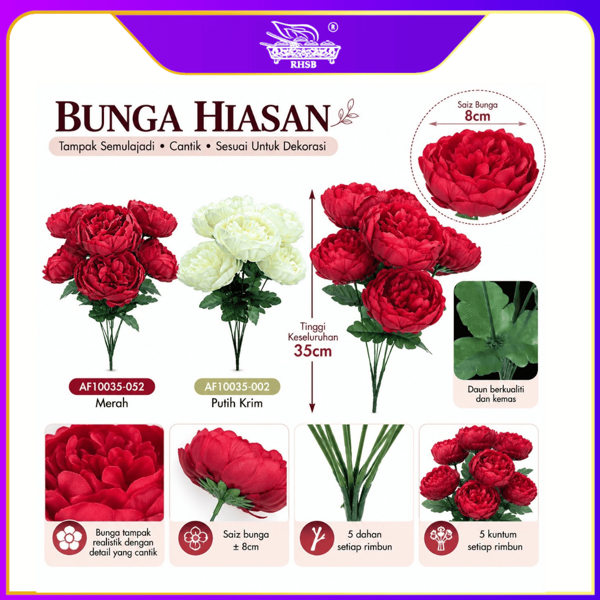 [1PC] Artificial Peony Bouquet 5 Heads | Bunga Peony Tiruan Jumbo | Home, Office & Wedding Floral Decor AF10035