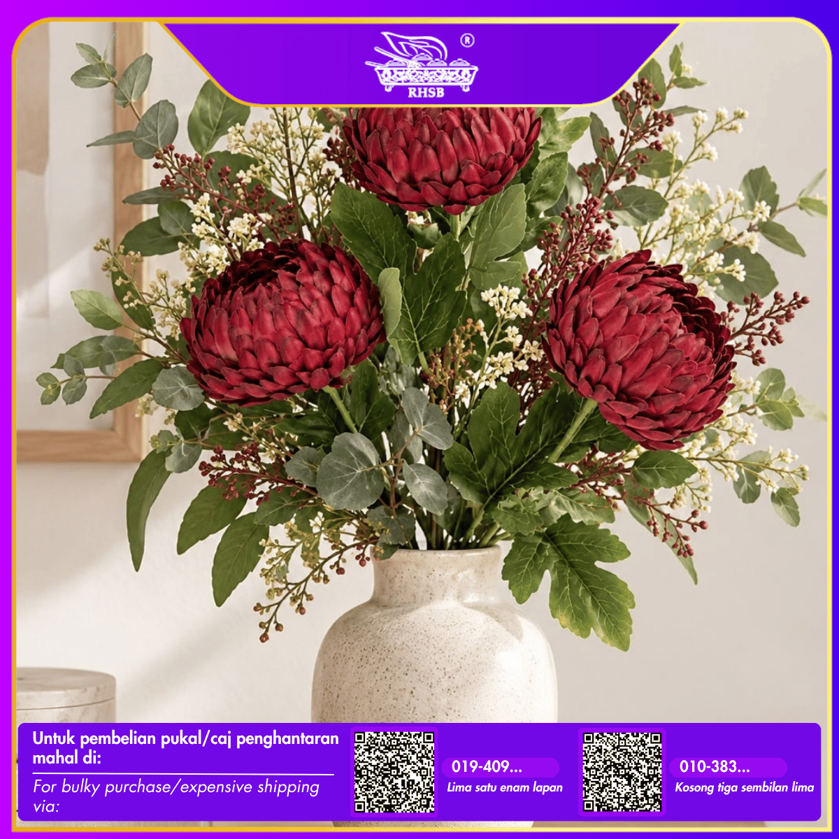 [1 PC] 64CM Artificial Chrysanthemum Flower Stem / Bunga Hiasan Kekwa / Tall Fake Flower for Home Wedding Decoration AF1947