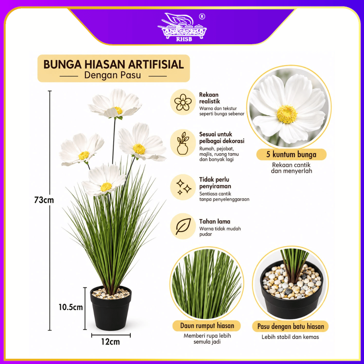 [1PC] 82cm Artificial Poppy & Faux Grass Plants with Pot | Pokok Hiasan Bunga Kosmos | Home, Office & Wedding Decoration PLANT1957