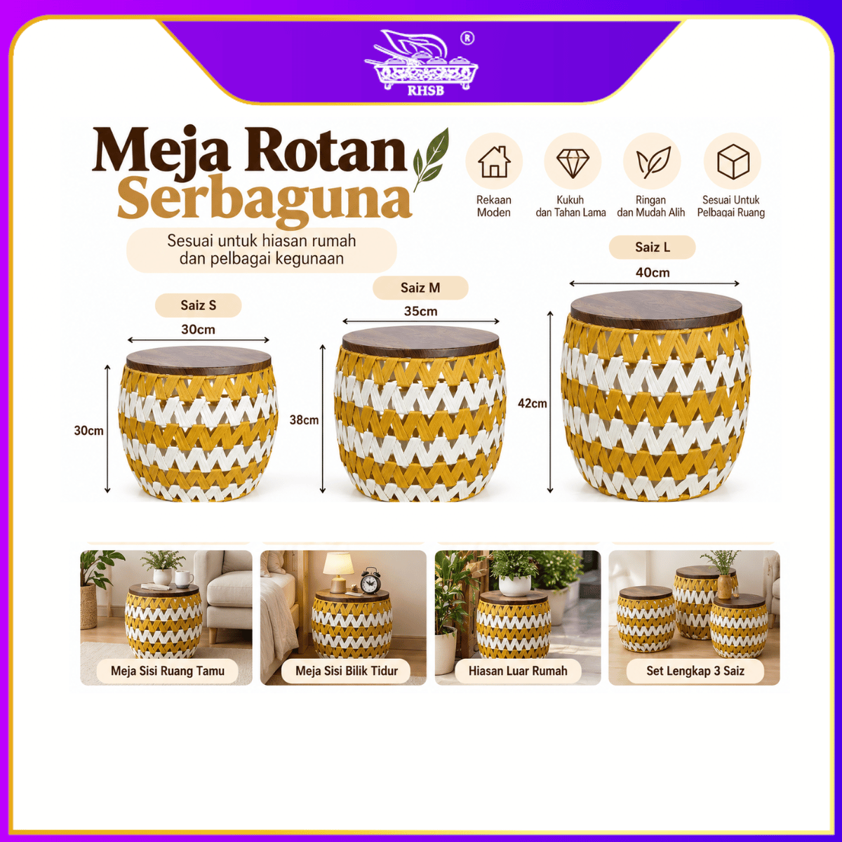 [1 PC] Meja Kopi Rotan / Rattan Coffee Table / Round Side Table dengan Storage / Hiasan Rumah Moden