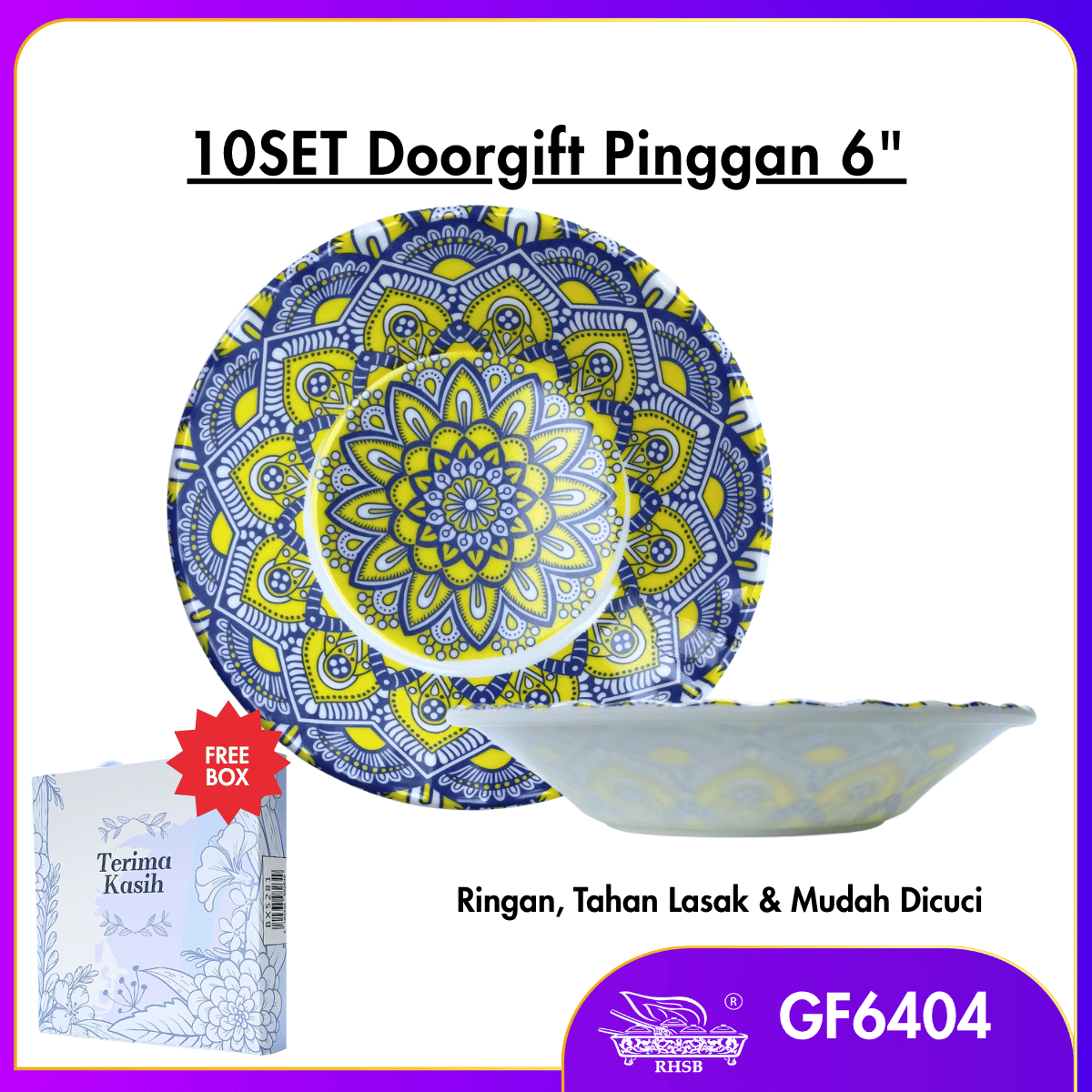 [10 SET]  6 Inch Bohemian Melamine Plate + Free Box | Doorgift Kahwin Premium | Hadiah Tetamu Unik Eksklusif GF6404