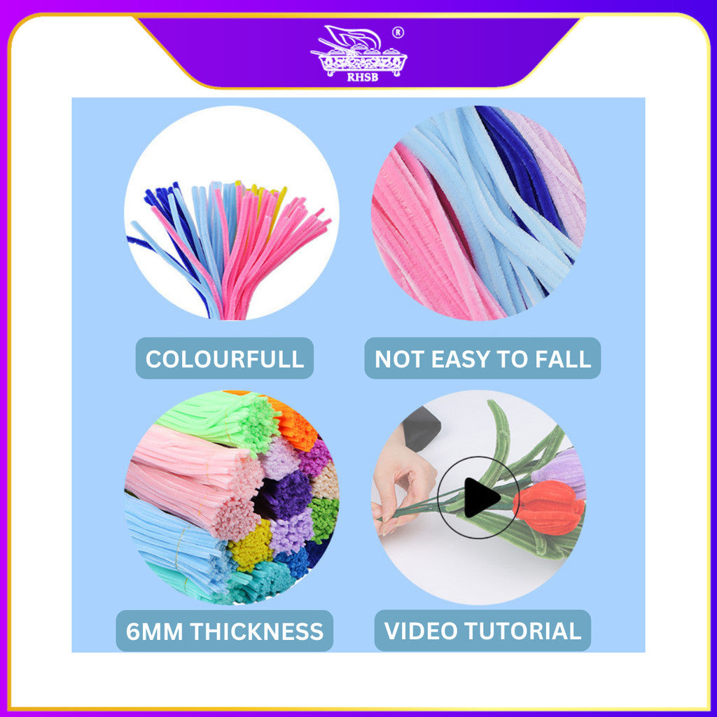 [100 PCS] COLORFUL CHENILLE STEMS/ PIPE CLEANER/ ASSORTED COLOURS ART AND CRAFT/ DAWAI BERBULU 6MM/ TINSEL STEM TS56