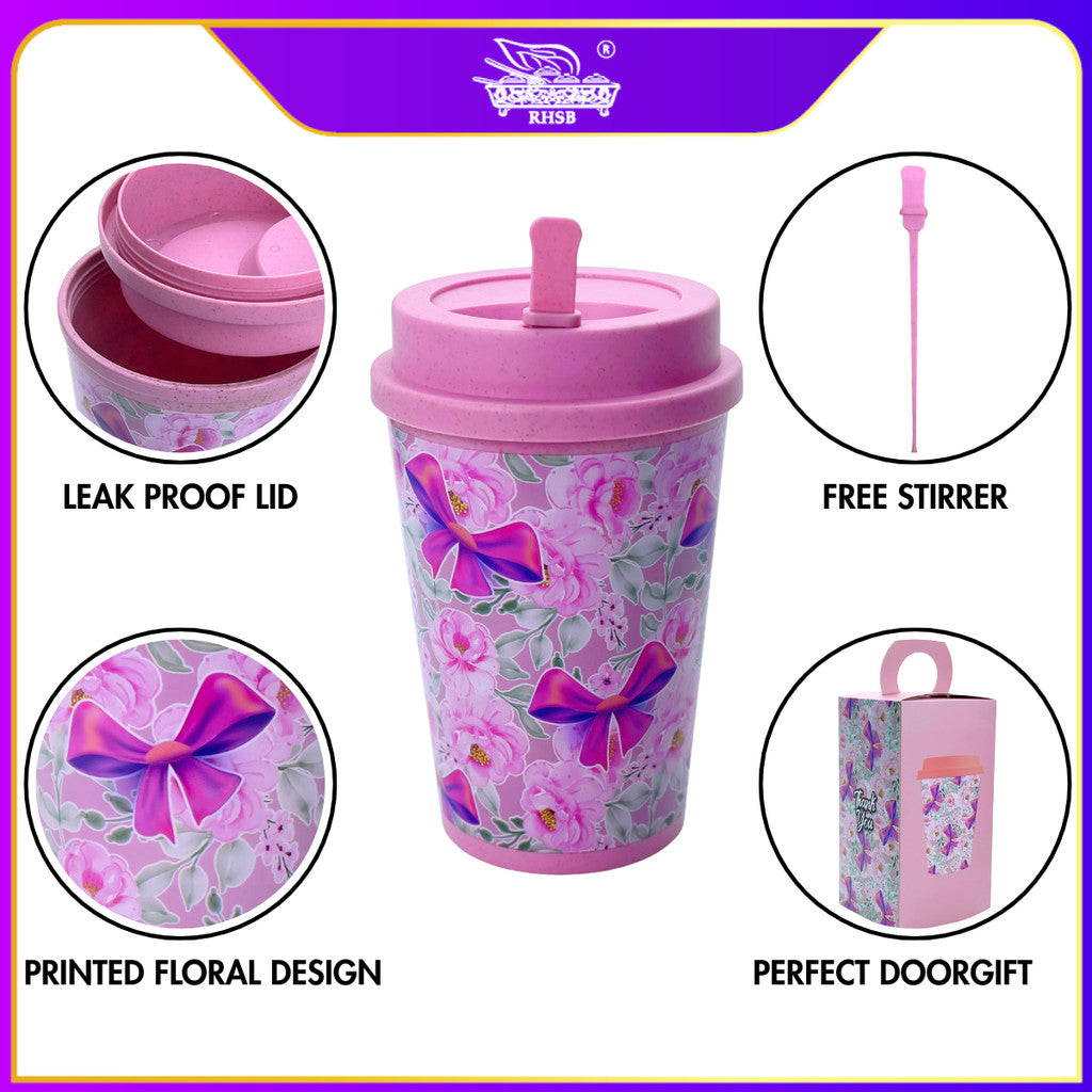 [10 SET] 3D PRINT WHEAT STRAW COFFEE CUP WITH LID/ 430ML CAWAN PLASTIK TEBAL/ TRAVEL CUP/CAWAN KOPI TUMBLER COFFEE GF6318-GF6391