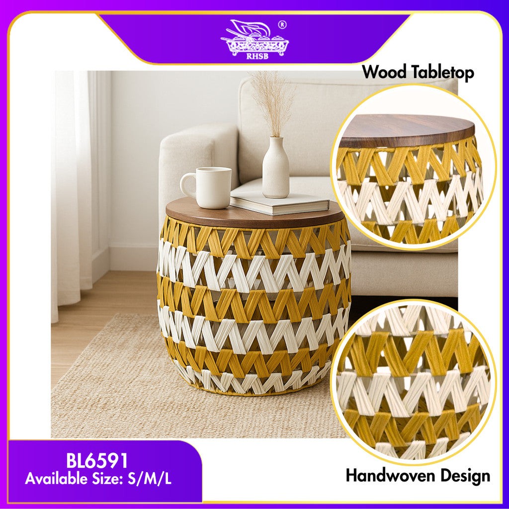 [1 PC] Meja Kopi Rotan / Rattan Coffee Table / Round Side Table dengan Storage / Hiasan Rumah Moden