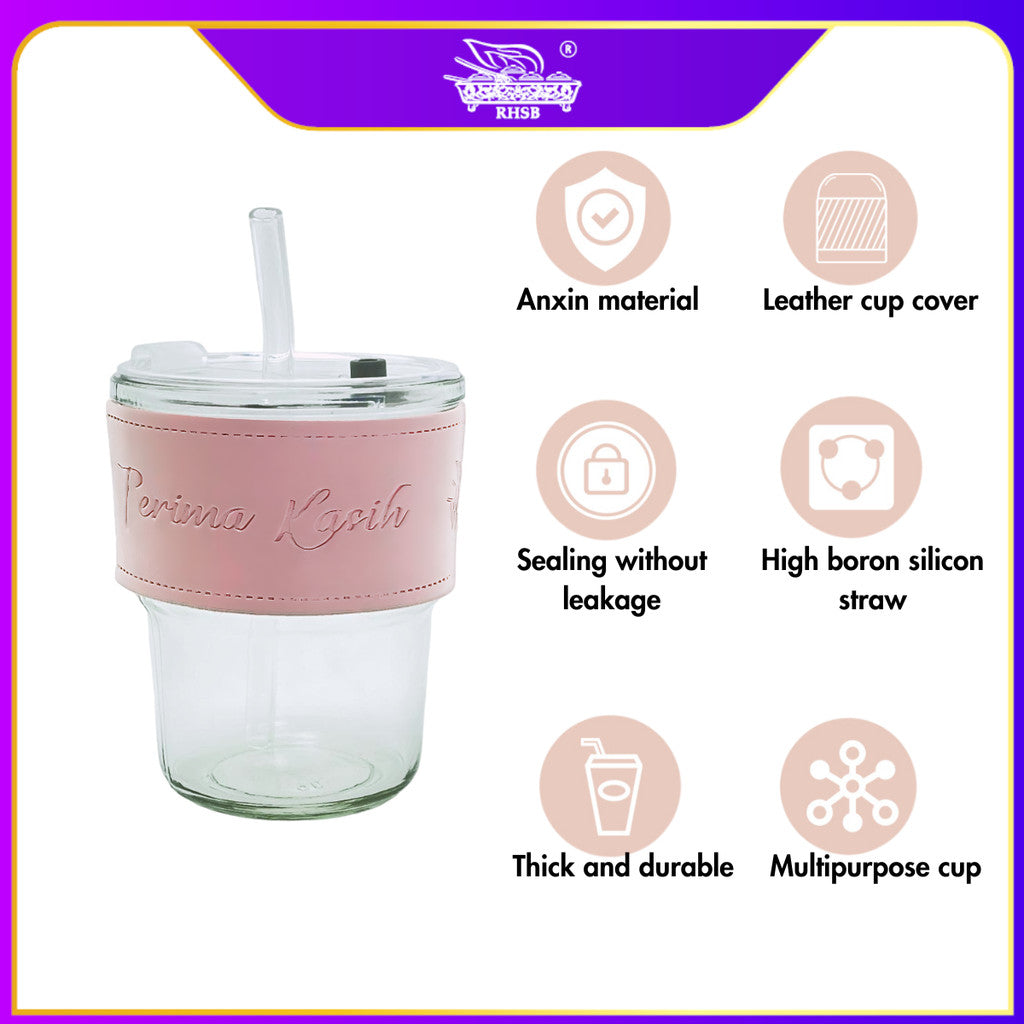 [1 PC] GLASS CUP WITH LID/ TRAVEL MUG/ HEAT COLD RESISTANCE ICED WATER BOTTLE/ MUG KACA/ DOORGIFT KACA/ CAWAN KOPI COMEL GF6234