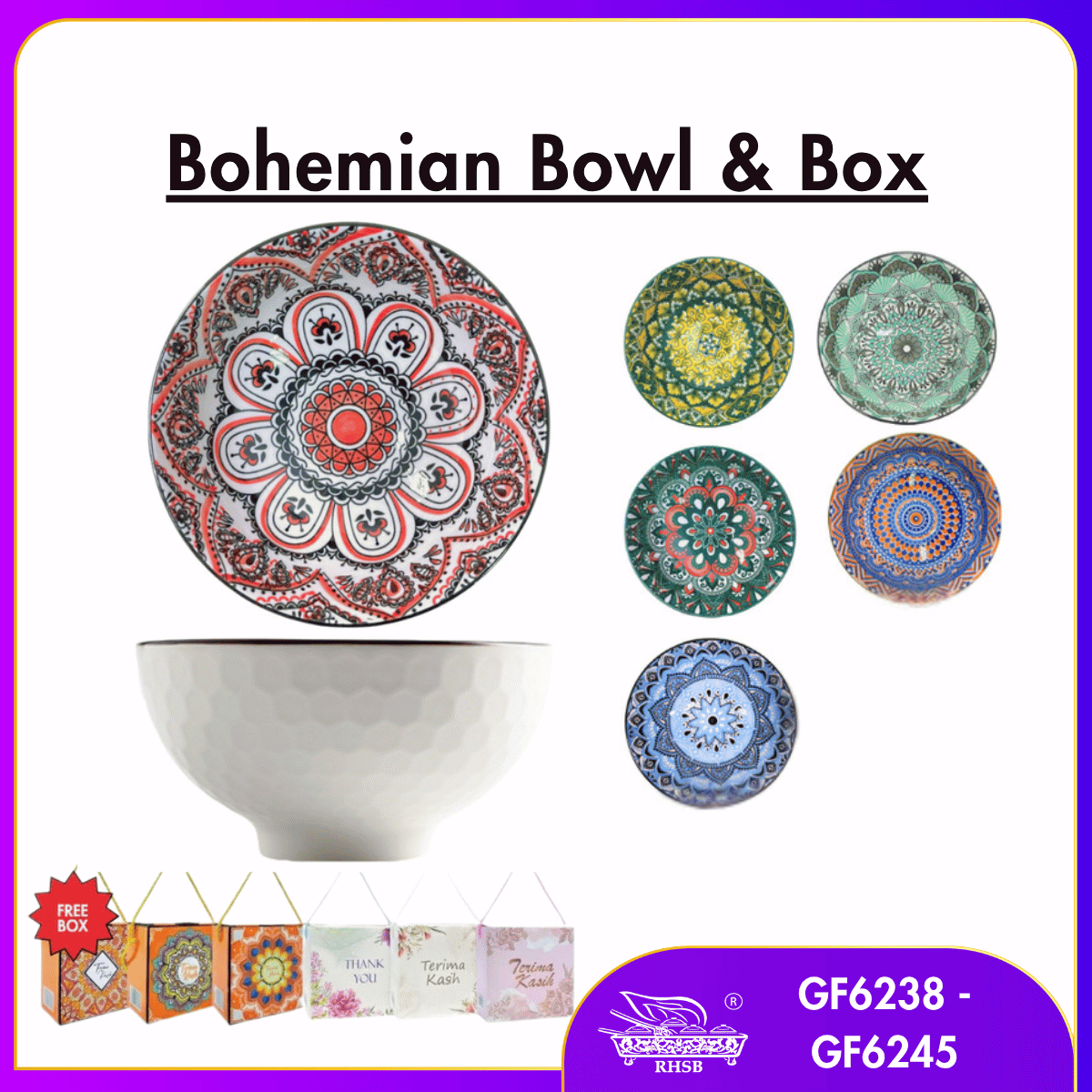[1 PC] BOHEMIAN STYLE RICE BOWL WITH BOX/ CERAMIC BOWL/ SOUP BOWL/ WEDDING DOORGIFT DINNERWARE/ MANGKUK SERAMIK BOHEMIA GF6238-GF6245